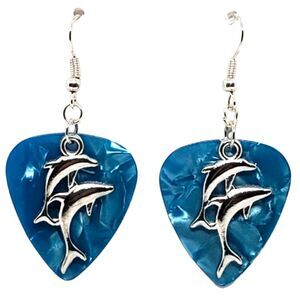 Double Dolphin Charm on Guitar Pick Earrings - Choose Color - Handmade in USA